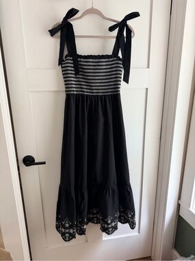 August Sky Women's Tie Straps Embroidered Smocked Midi Dress